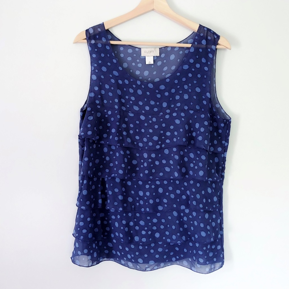 LOFT Blue Sheer Circle Dot Ruffle Shell Top Blouse